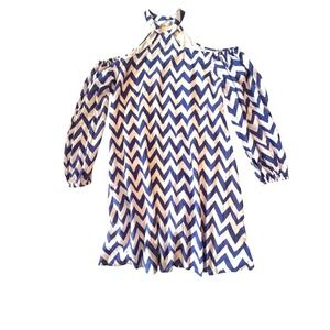 YOBABY Blue‎ White Chevron Cold Shoulder Halter Neck Long Sleeve Dress Large